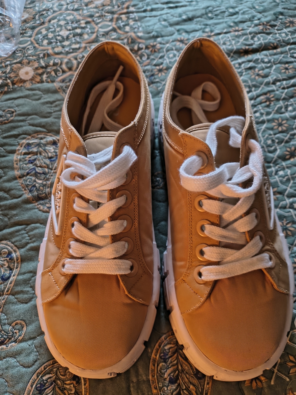 Women's Double Wheel Casual Nylon Sneakers in Tan with White Laces